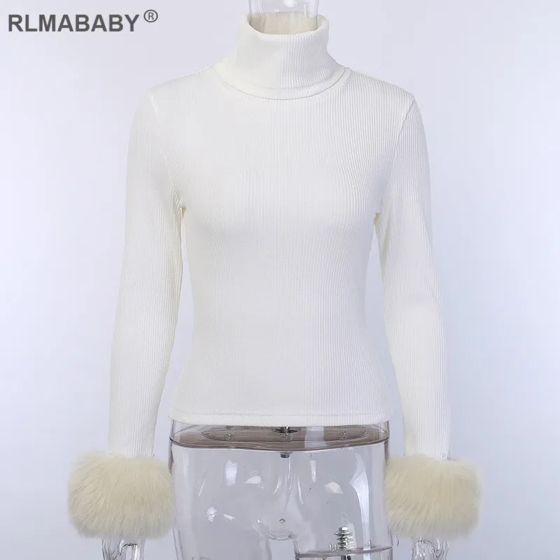 RLMABABY, Осень-зима, искусственный мех, Вязанная, сексуальная женская футболка, офисная, женская, белая, ребристая, топ, повседневная, уличная, базовая, женская футболка, Топ