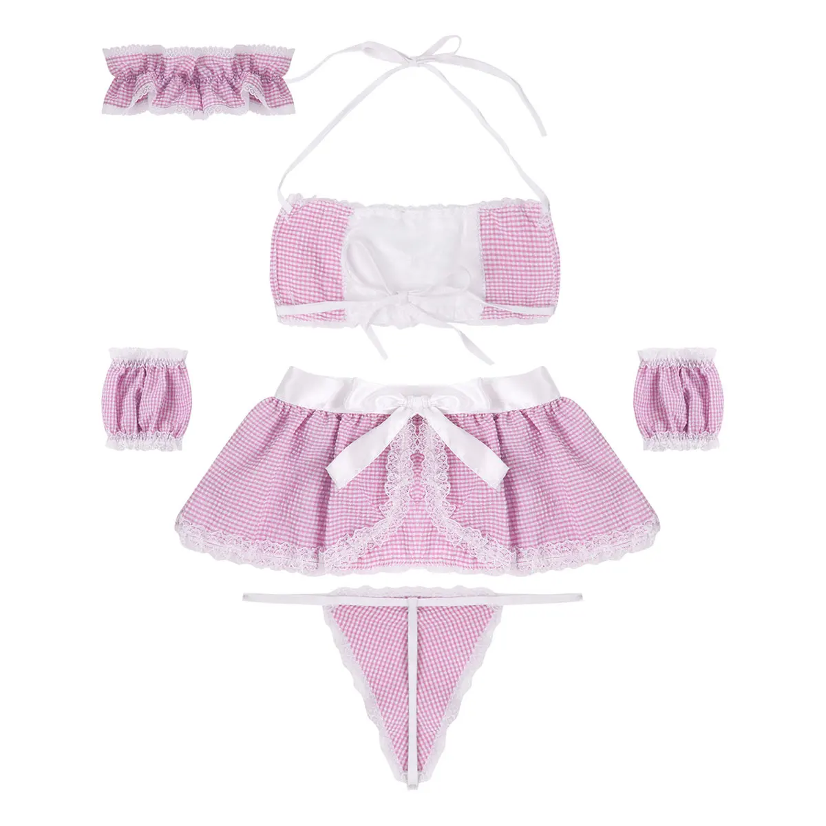 Womens Erotic Cosplay Costume Role Play Lingerie Set Ruffle Plaid Babydoll Lace-up Bra G-string Apron Sexy Schoolgirls Clubwear