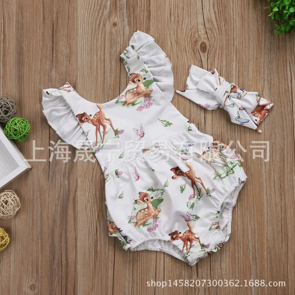 

New Style Cartoon Deer Romper + Hair Band Baby Crawling Clothes 2 Pieces One Piece