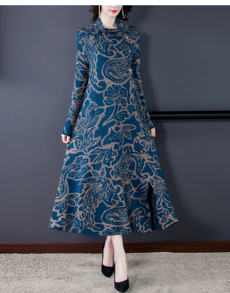 Blue Print 3XL Plus Size Turtleneck Wool Sweater Dress 2020 Autumn Winter Vintage Casual Knitted Sweaters Elegant Women Vestido