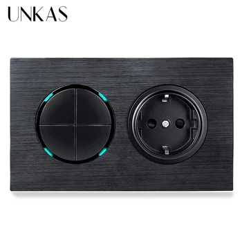 

UNKAS 4 Gang 1 Way / 2 Way + EU Standard Wall Power Socket On / Off Light Switch LED Indicator Black Aluminum Panel 16A