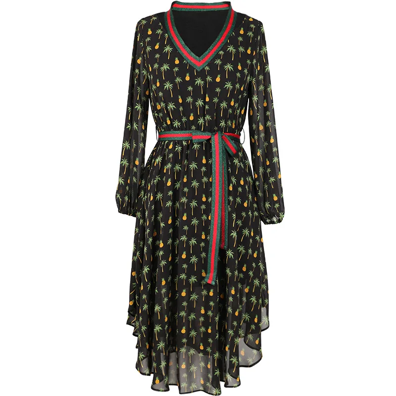 V-neck Floral Chiffon Long Dress Brand Women's 2019 Autumn New Slim Tie with Irregular Skirt