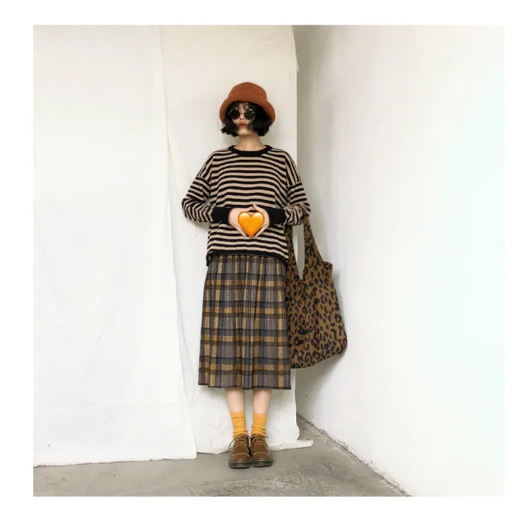 Vintage New Women Thick Warm Autumn Winter Harajuku Plaid Retro Skirt Female Cute Japanese Girls Kawaii Skirts Calf-length