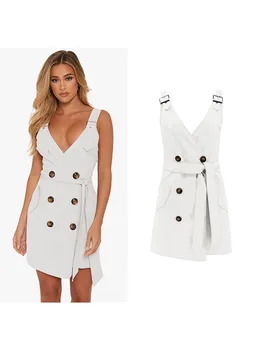 

Explosion Women Sexy Deep V Halter Sleeveless Sling Spring Summer Button Slim Lace Waist Stretch Bag Hip Dress M/L/XL/XXL.w