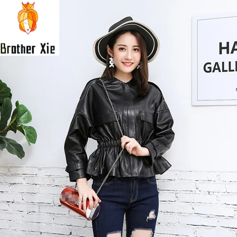 

2020 New Autumn Winter Womens Genuine Leather Jacket Elastic Waist Ruffles Slim Fit Outerwear Business Office Lady Suits Coats