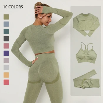 Seamless Yoga Set Women Workout Sportswear Gym Clothing Fitness Long Sleeve Crop Top High Waist Leggings+Sport Bra Sports Suits 6
