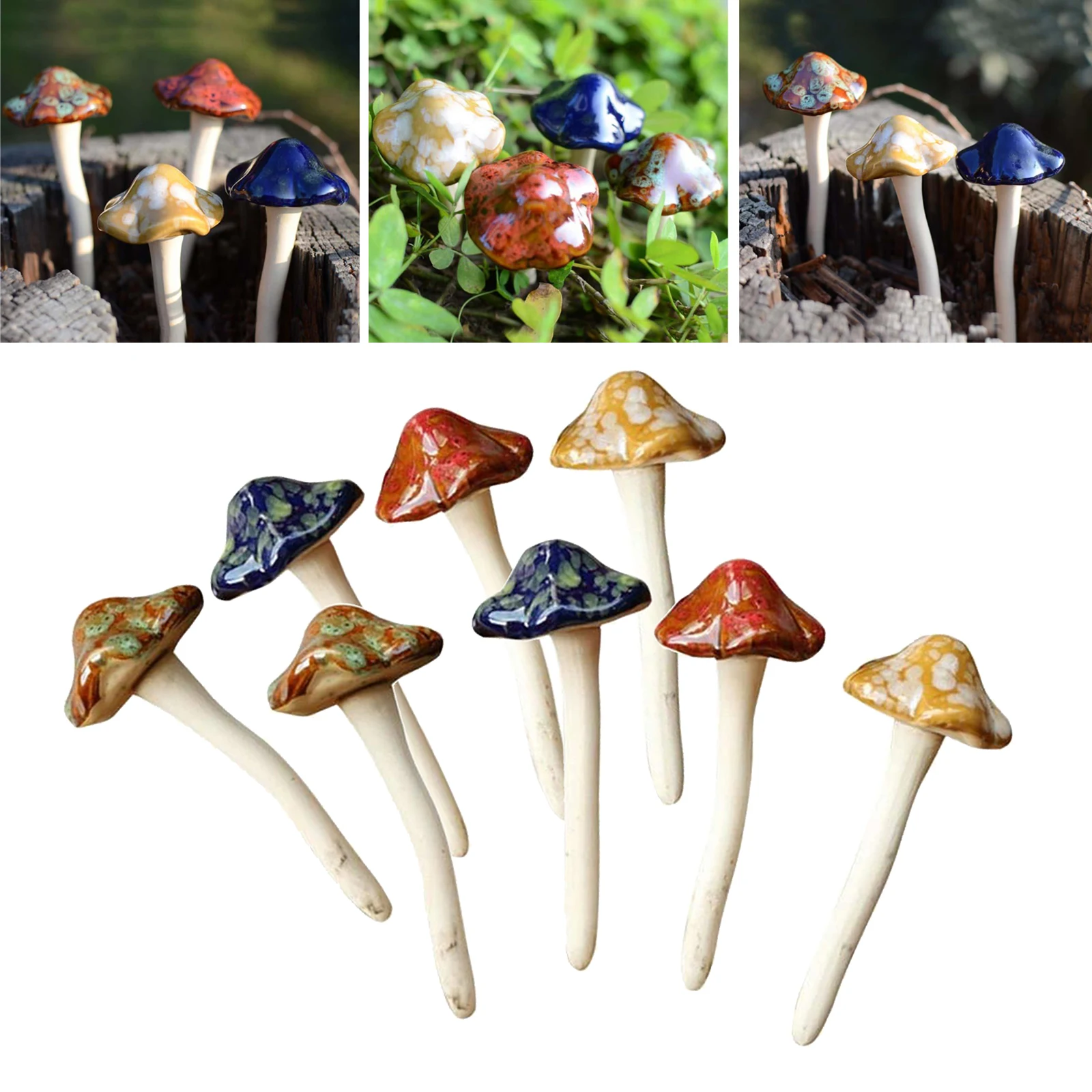 Garden Decor, 8pcs Colorful Ceramic Mushroom for Garden, Yard, Fairy Garden - Lawn Ornament Decor, Pottery Ornament