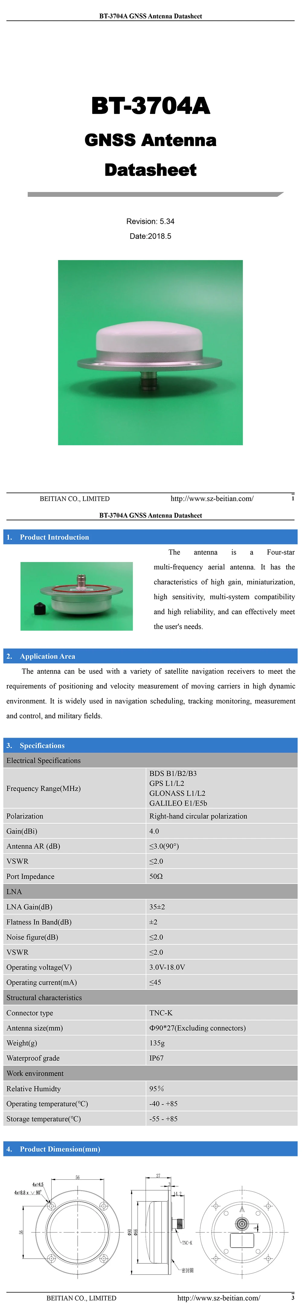 BEITIAN 3-18 в Дрон NAV авиационная RTK антенна GNSS gps BDS GLONASS GALILEO TNC-K разъем, BT-3704A