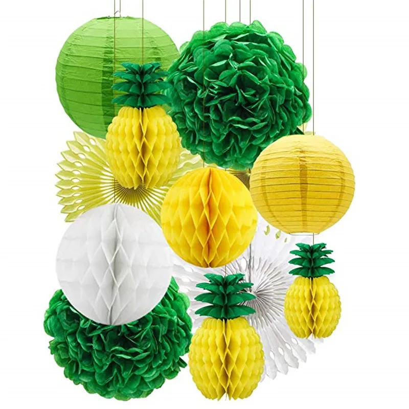 Yellow pineapple Тропический Розовый фламинго вечерние вафельная ткань декоративная ткань бумажный веер в виде цветка Бумага фонари для Гавайский Летний пляж Луау Вечерние - Цвет: Yellow pineapple