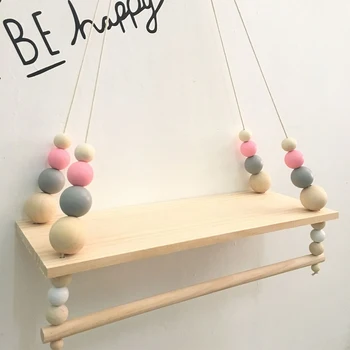 

Nordic Style Wooden Bead Storage Rack Wall Rope Hanging Shelf For Decor Of Bedroom Living Kitchen Office Children'S Room Decor