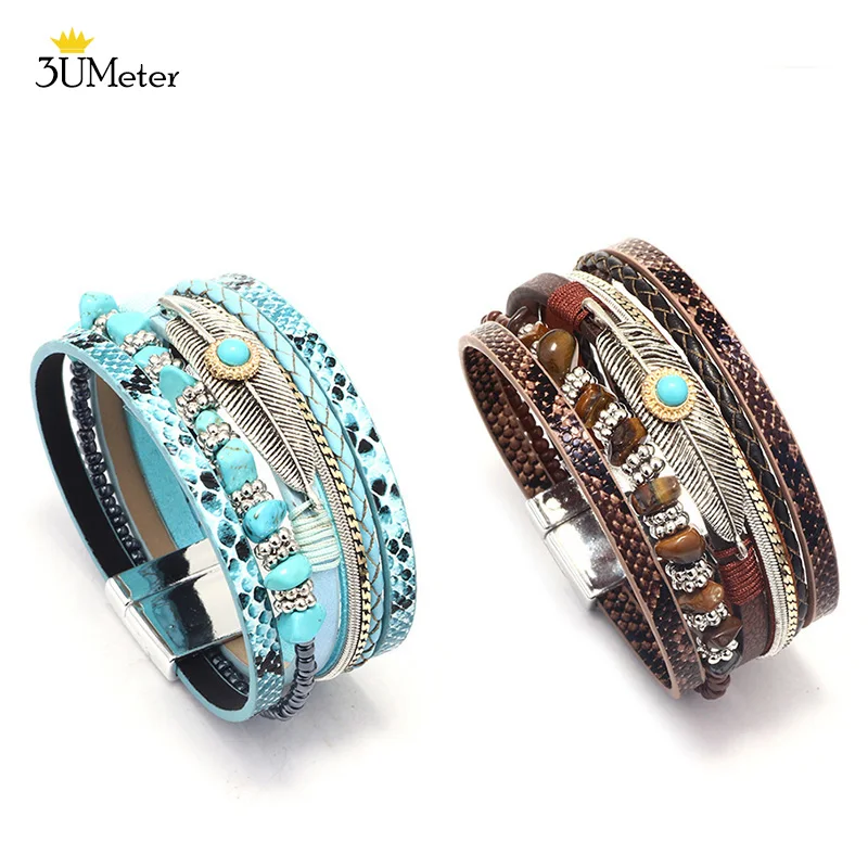 3UMeter Feather Wrap Bracelet Boho Multilayer Leather Cuff Bracelet Natural Stone Beads Bangle Jewelry Gifts for Women Teen Girl
