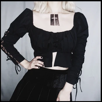 

Dark French Cross Bandage Off Shoulder Hollow Out Short Blouse Teen Girls Harajuku Style Punk Loose Shirt Tops College style