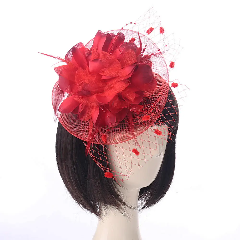 

Red Feather Hat Elegant Lady Cap Mesh Hat Flower Cocktail Tea Party Fascinators Top Hats for Girls and Women Party Supplies
