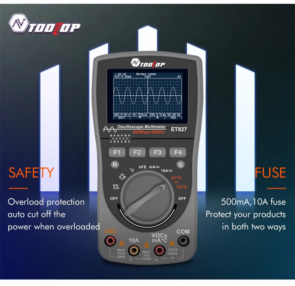 Осциллограф Мультиметр 2-в-1 Tooltol Et827 200 мс/с частота дискретизации 40 МГц 83x160x32 мм Осциллограф Мультиметр лидер продаж; Новинка