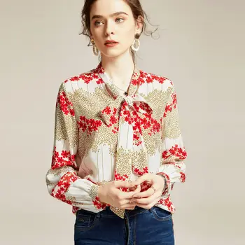 

Spring Floral Print Pure Silk Blouse Long Sleeve Shirt Women Bow Ribbon Collar Loose Ladies Tops Casual Clothing Chiffon Blouses