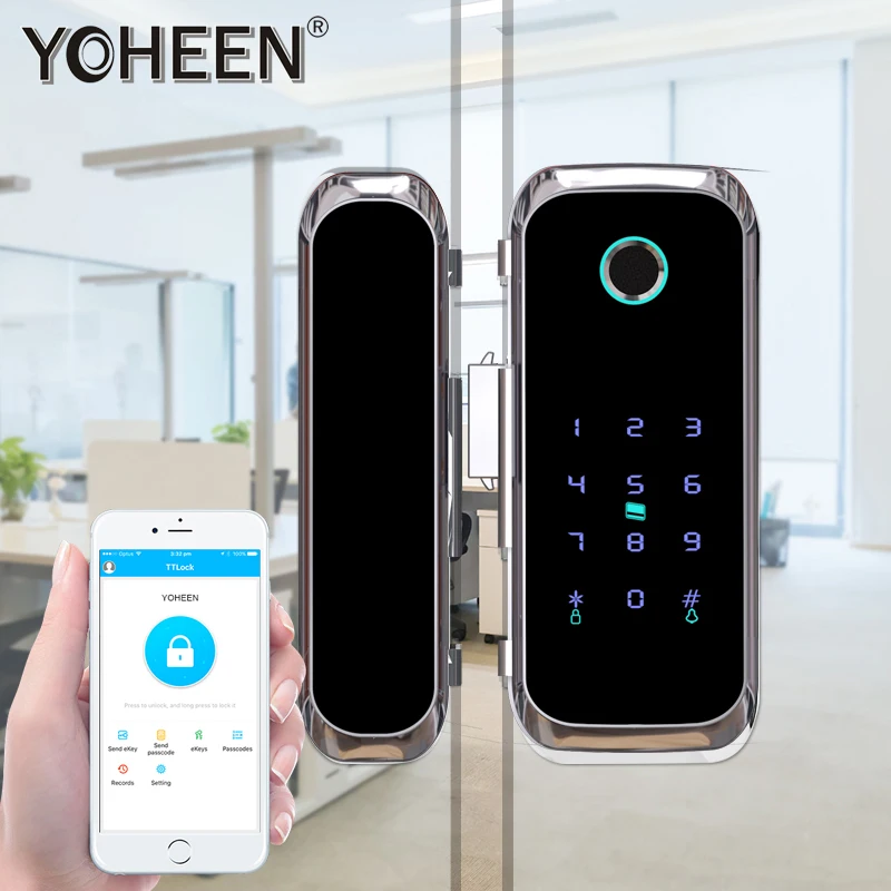 Yoheen WiFi Bluetooth TTLock APP отпечаток пальца стеклянная раздвижная дверь замок для офиса и