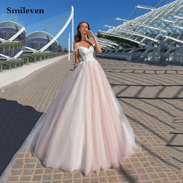 $US $88.32 Smileven Light Pink Lace Wedding Dresses Off The Shoulder A Line Vestido De Novia Sweetheart Neck Corset Wedding Gowns