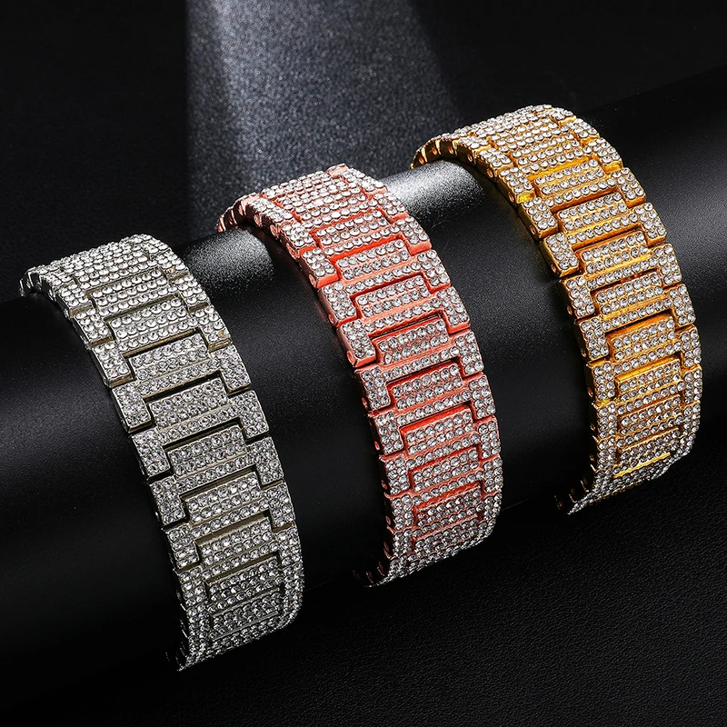 Хип-хоп Полный Стразы Iced Out Bling Золотые Серебряные часы ремешок звено цепи браслеты для мужчин раппер ювелирные изделия s0516