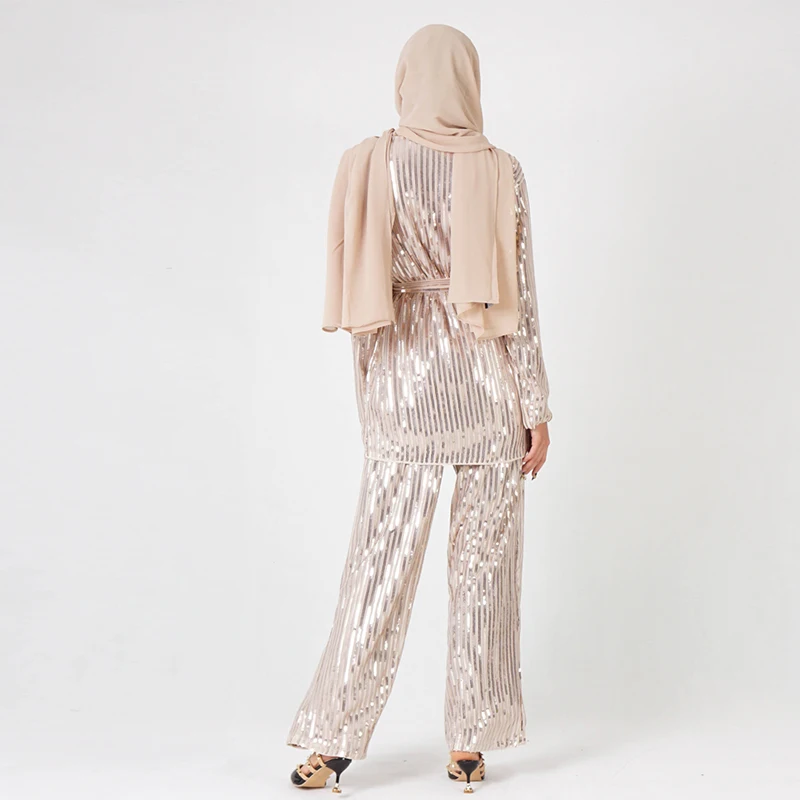 Комплект из двух предметов с блестками для женщин; Roupas Feminina abaya; Дубай; мусульманский топ; ансамбль; Femme Musulmane; комплект из 2 предметов; Pantalon; комплект из двух предметов