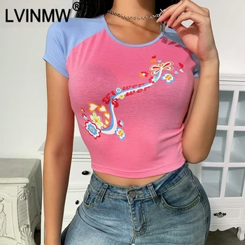 

LVINMW Casual Cartoon Print O Neck Short Skinny Crop Top 2020 Summer Women Pink Blue Patchwork Slim Tshirt Female Streetwear Top