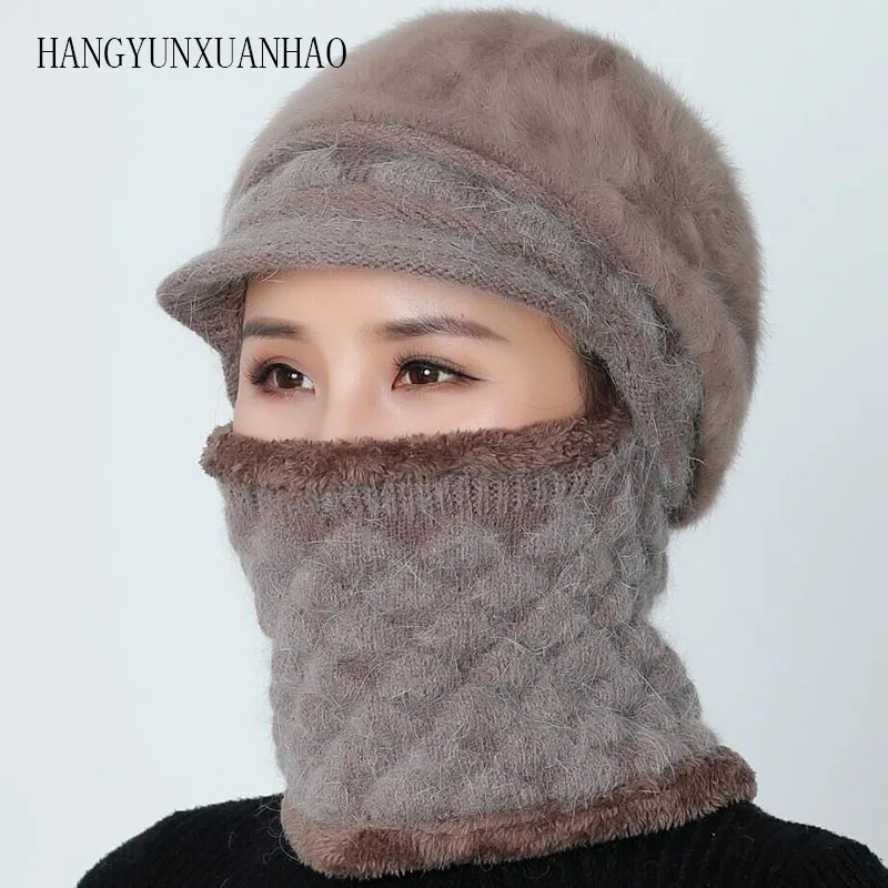 

Skullies Beanies Women Scarf Knitted Hat Winter Hats For Women Female Wool Beanie Balaclava Solid Mask Cap Beanie Mother Hat