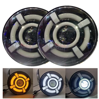 

2x 7" LED Halo Headlights with H4 For Land Rover Defender 7inch Headlamp with Amber Turn Signal For lada niva 4x4 Beetle Classic