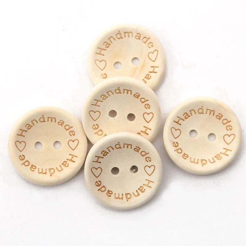 100pcs/pack Hand Made with Love Sewing Wood Button 15mm Round Decorative Craft Buttons