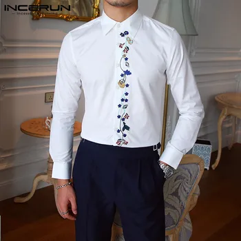 

INCERUN Social Men Dress Shirt Brand Floral Embroidered Long Sleeve Tops Button Elegant Lapel Business Shirts Men Party Camisa
