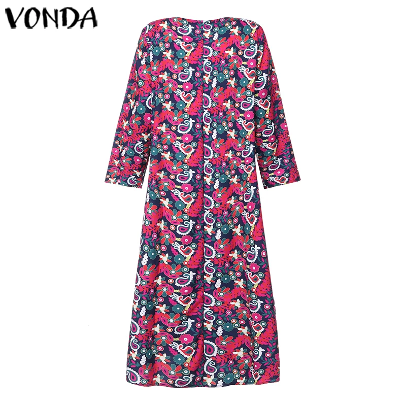 VONDA, женское осеннее платье,, богемный стиль, 3/4 рукав, принт, макси, длинное платье, повседневное, свободное, сарафан размера плюс вечерние платья, S-5XL