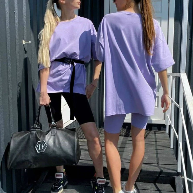 Hot Sales Casual Solid Women's Two Pieces Suit with Belt Solid Color Home Loose Sports Leisure Suit Summer Basic Streetwear 2020