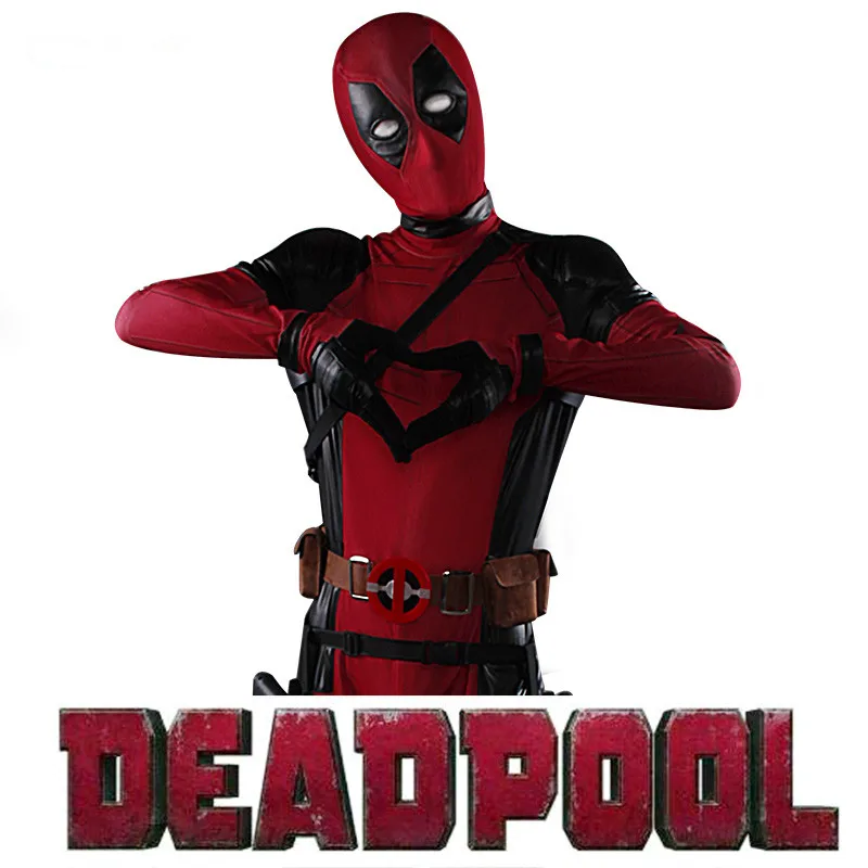 

Free Shipping Deadpool Costume Adult Man Stretch Fabric Bodysuit Full Set Halloween Cosplay Headgear Belt Strap Gloves