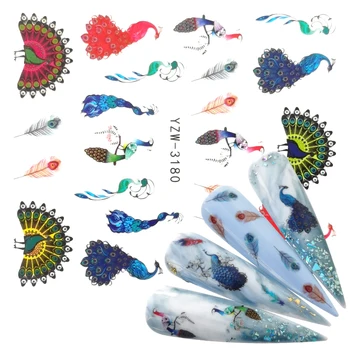 

FWC 2020 New Arrival Nail Sticker Slider Colorful Peacock Leaf Flower Water Decal Wraps Nail Art Decor Beauty Foil Manicure