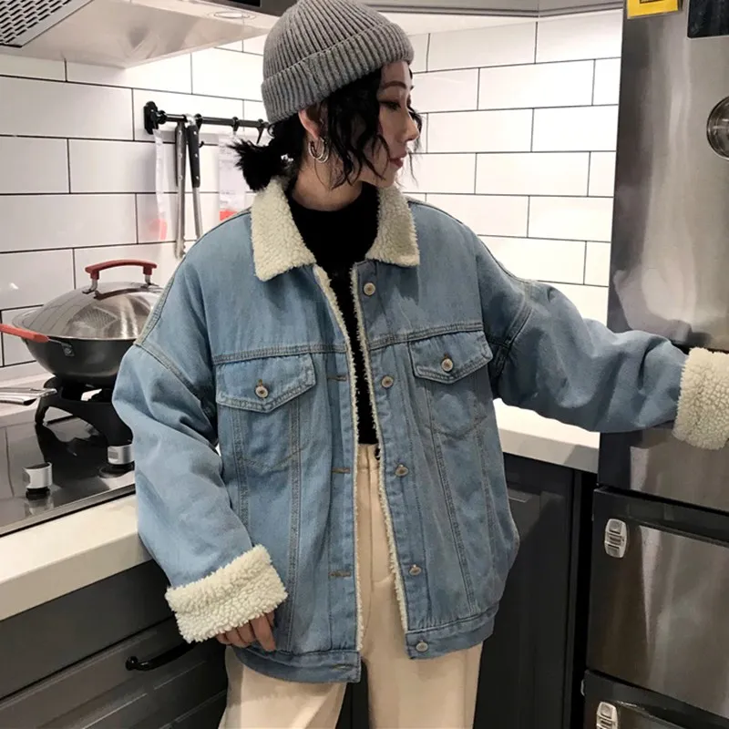 

Korea Basic Coat Denim Jacket Female Warm Winter Fur Jeans Jacket Women Jacket Lady Denim Coat Loose Casual Outwear