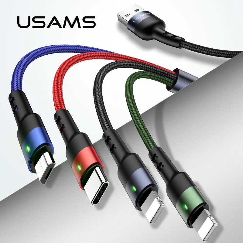 USAMS 4 3 в 1 мульти usb кабель для зарядки для iPhone8 samsung xiaomi зарядное устройство для apple светильник с разъемом микро usb type c кабель светодиодный пружина - Цвет: 4 in 1 cable