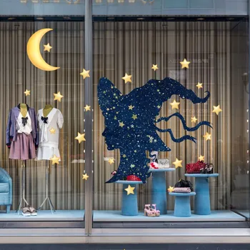 

Halloween Window Sticker PVC Graffiti Witch Moon Star Self-adhesive Moon Witch Window Sticker Halloween Decortion Home Decor