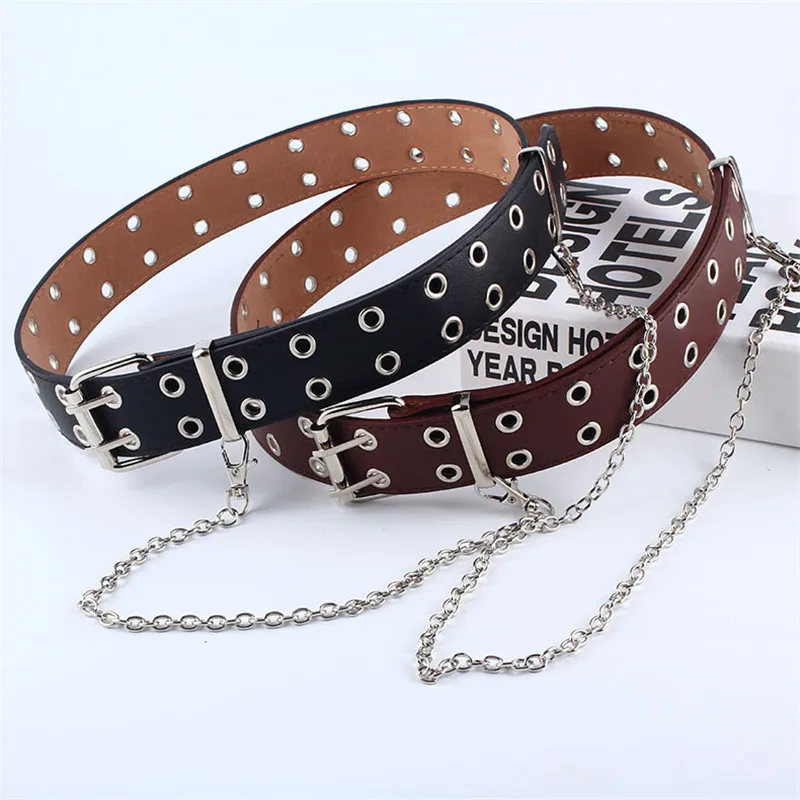 Fashion Women Fashion Rock Punk Chain Fashion Belt Adjustable Black Double/Single Eyelet Grommet Leather Buckle Belt