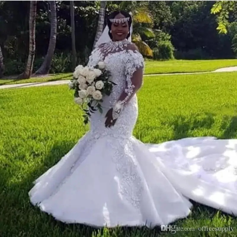 

African Plus Size Wedding Dresses High Neckline Illusion Long Sleeve Appliques Beaded Mermaid Bridal Gowns Court Train