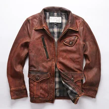 AVFLY, новинка, Мужская винтажная коричневая мотоциклетная куртка из натуральной кожи, настоящая Толстая воловья кожа, облегающая Кожаная Байкерская зимняя куртка
