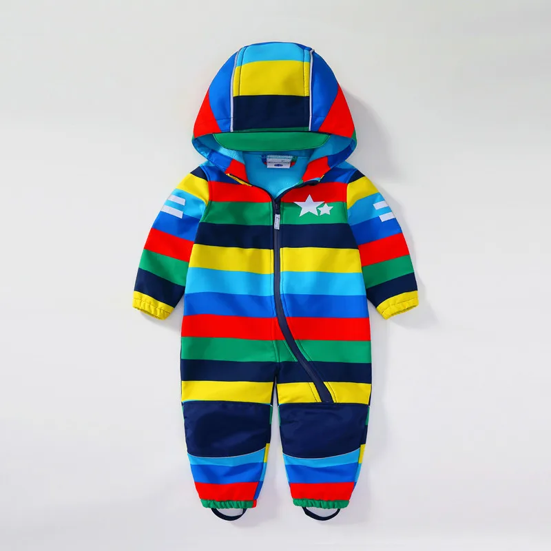 Children's soft shell waterproof jumpsuit for boys and girls one-piece romper waterproof and windproof plus velvet