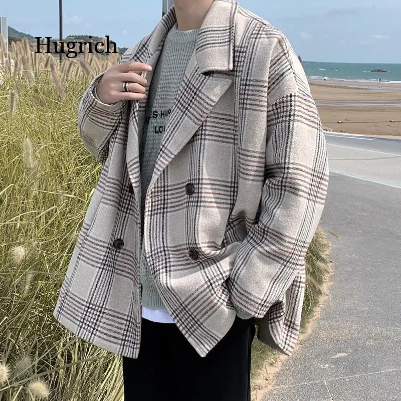 Plaid Windbreaker Men's Korean Loose Tweed Men's Autumn and Winter Woolen Coat