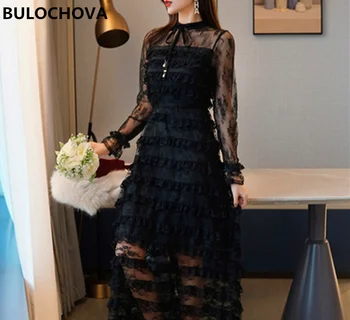 

Retro Lace Patchwork Mesh Women Flare Sleeve Cake Long Dress 2020 Spring Design Ladies High Waist Bodycon Dresses Vestidos Femme