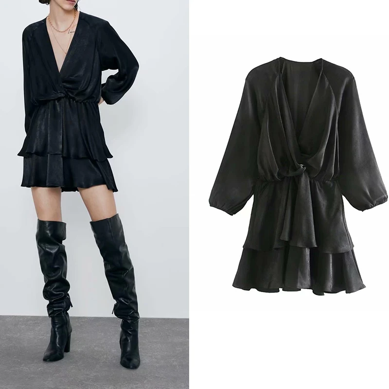 

za 2019 women dress Ladies Trim Mini Dress long sleeve dress casual high waist vestidos chic vestido mujer