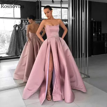 

Pink High Split Prom Dresses Long 2020 Strapless Backless Stain Evening Party Gowns Special Occasion Dresses Vestido De Fiesta