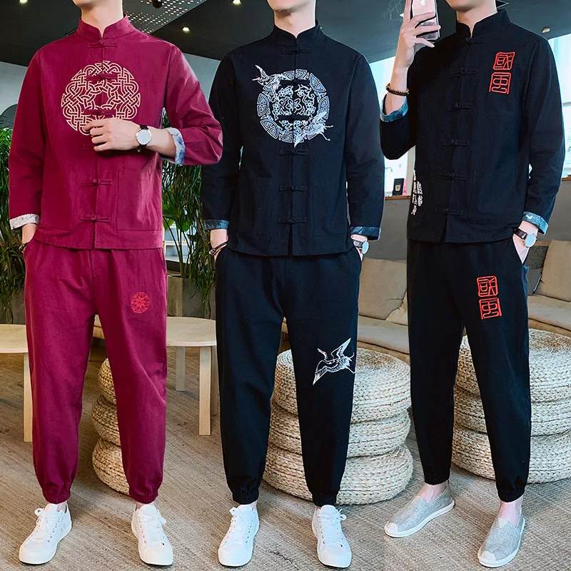 

2020 Spring New Style Long Sleeve Frog Embroidered Shirt Set Trousers Large Size Cardigan Coat Chinese-style Set Men's