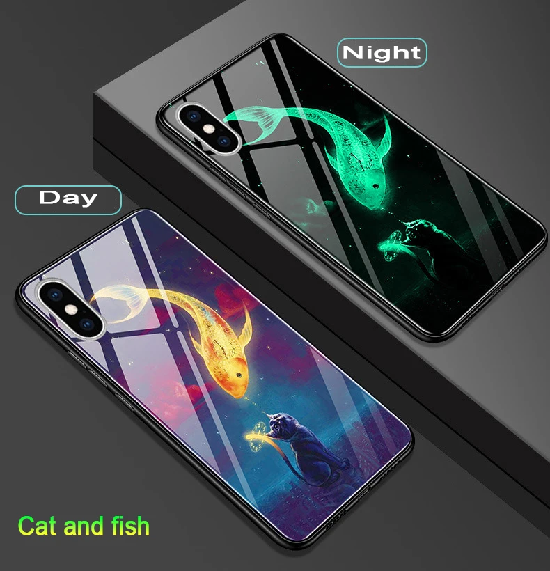 Чехол в виде светящегося стекла для Xiao mi Red mi 6 Pro Note 8 7 5 Pro защитный чехол с закаленным стеклом для Xiao mi Xio mi 6 8 Lite A1 чехол s - Цвет: Cat and Fish