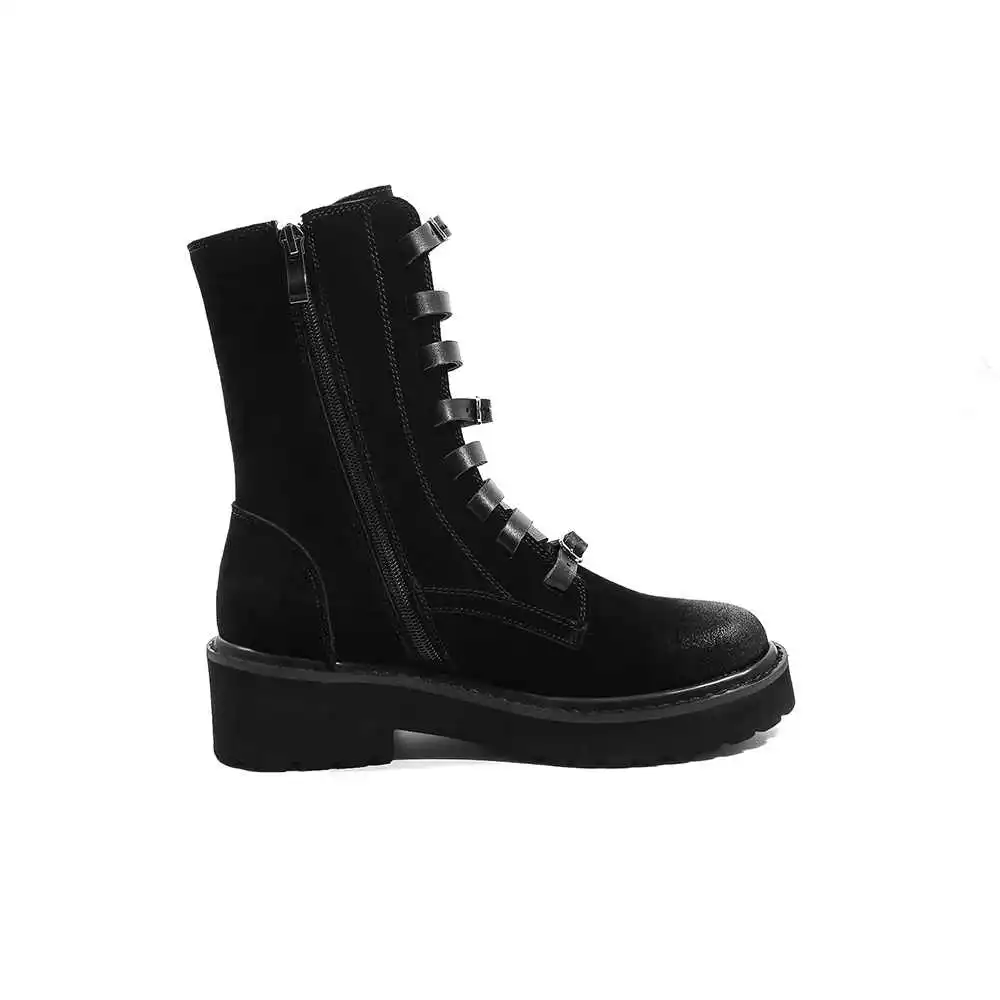 Lenkisen genuine leather vintage campus style belt buckle straps round toe high heels rock winter women warm mid-calf boots L33