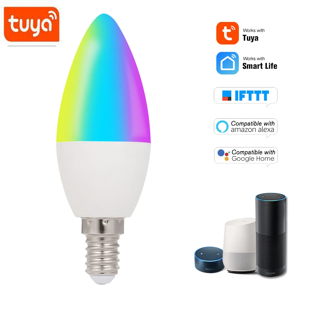 Bombilla inteligente Tuya con WiFi, RGB + W + C, luz regulable E14, SmartLife/Control remoto, Compatible con Alexa y Google Home