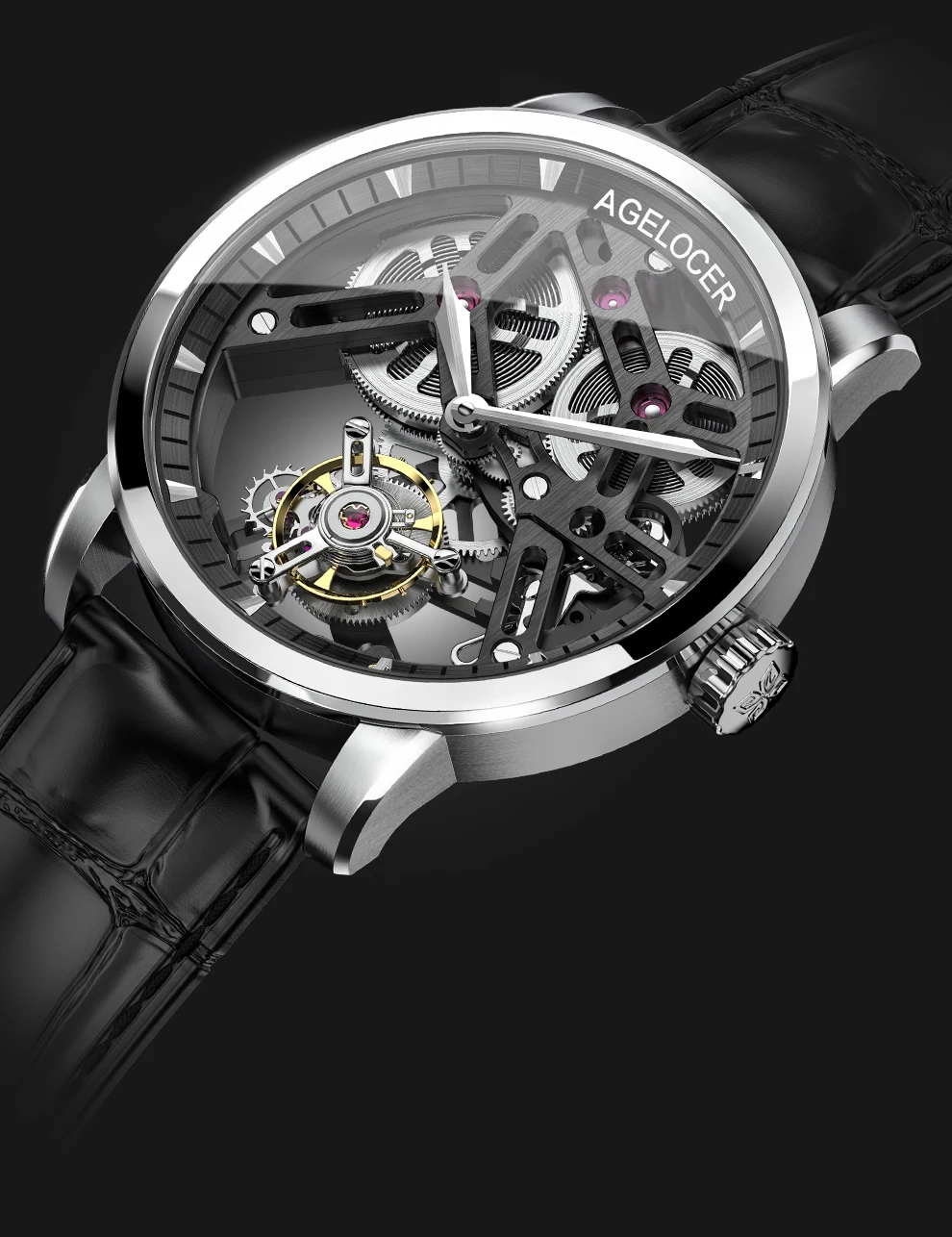 AGELOCER Роскошные Брендовые Часы, новые швейцарские оригинальные часы с турбийоном, мужские часы с запасом хода, 80 мужские часы с скелетом 9001A1