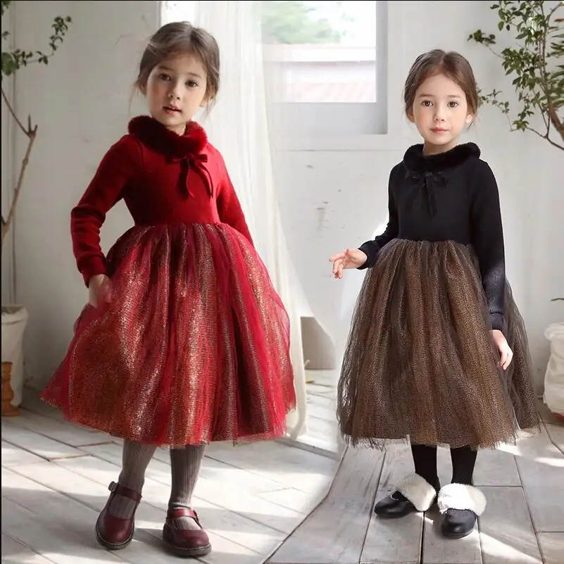 Праздничные платья для девочек на День рождения; плотное теплое детское платье-пачка с длинными рукавами; милое рождественское платье для девочек; одежда принцессы красного и черного цвета