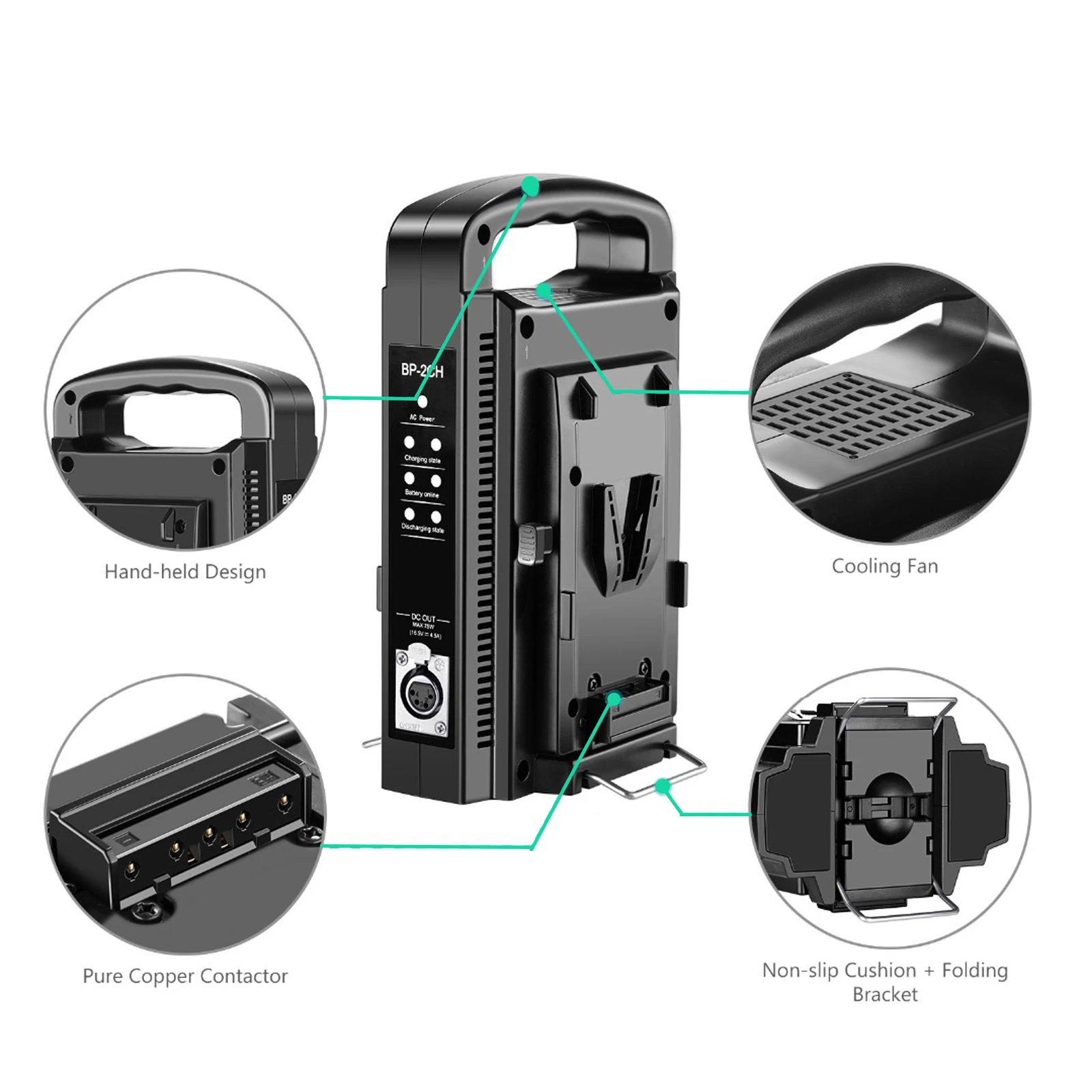 BP-2CH 듀얼 채널 V-마운트/V 잠금 배터리 충전기 DC 16.5V 전원 공급 장치 출력 모든 V-마운트 배터리와 호환 가능